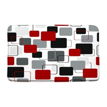 Imagem de Tapete de banho vermelho preto moderno geométrico abstrato quadrado cinza branco minimalista neutro decoração de banheiro tapete, 43 x 75 centímetros