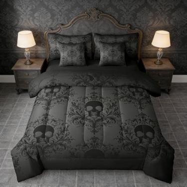 Imagem de Manfei Conjunto de cama solteiro de caveira gótica preta, 7 peças, estampa floral vintage damasco, cama barroca vitoriana antiga em uma bolsa com edredom, lençóis e fronhas, decoração de quarto de