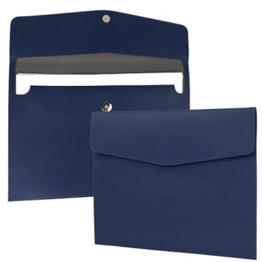 Imagem de Multibey Porta-documentos A4 de couro PU, organizador de envelopes de pasta de arquivos à prova d'água com botão de pressão para tamanho carta, estojo de arquivamento de portfólio (azul)