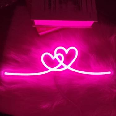 Imagem de HFHungkeong Sinal neon rosa de coração duplo, luzes neon reguláveis, lâmpada LED para decoração de amor, 5 V, alimentação USB para aniversário, casamento, dia dos namorados, decoração de festa