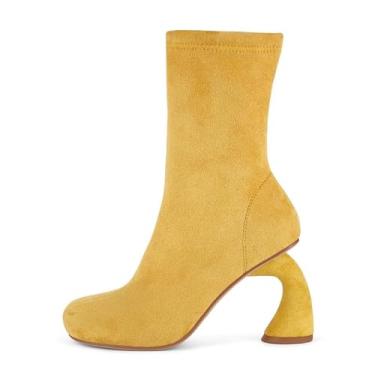 Imagem de pinokino Botas femininas de salto esculpido, botas modernas de salto alto de 9 cm com zíper lateral, bico quadrado de couro PU, Mostarda amarela, 42