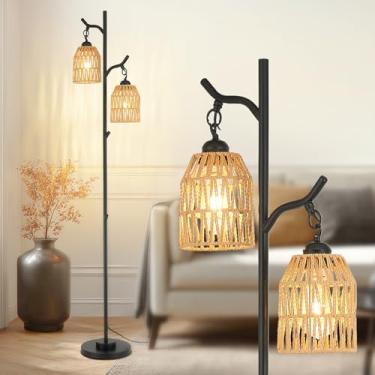 Imagem de Haolaike Luminária de chão Boho com 2 luzes de vime para sala de estar, interruptor de pé, luminária de árvore vintage para quarto, escritório, sala de estudo, sala de jantar, preta