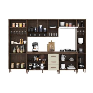 Imagem de Cozinha Modulada Completa Fidelitá Lisboa 6 Peças 295cm 15 Portas 3 Gavetas Com Tampo Noce/off-white