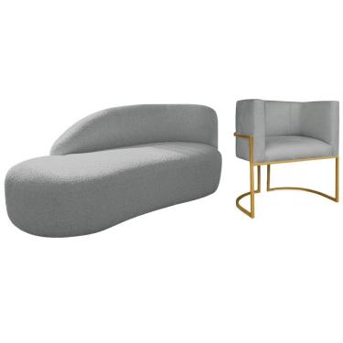 Imagem de Kit Divã Luna 140cm Lado Esquerdo E 01 Poltrona Base De Ferro Dourado Bouclé Cinza