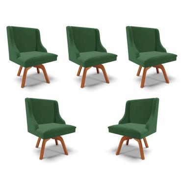 Imagem de Kit 5 Cadeiras Decorativas Sala De Jantar Base Giratória De Madeira Firenze Veludo Verde/natural G19 - Gran Belo