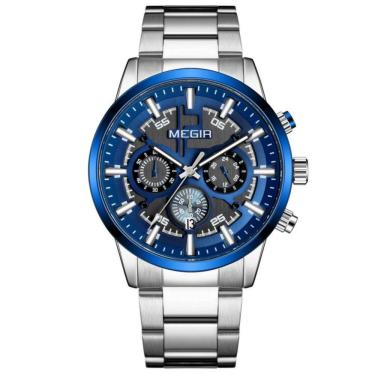 Imagem de Relógio De Pulso Masculino Com Pulseira De Aço Inoxidáve Com Data Automática Impermeavel 3atm Azul