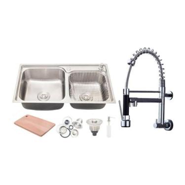 Imagem de Cuba Pia Para Cozinha Aço Inox 304 Cg304-c02 E Torneira 40cm Cromada D