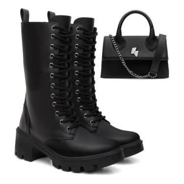 Imagem de Kit Coturno Feminino Sola Tratorada Mini Bag Cano Alto Rock - Maria Iz
