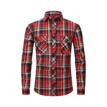 Imagem de Camisa Masculina De Manga Longa Em Algodão Escovado Xadrez Vermelho Eu