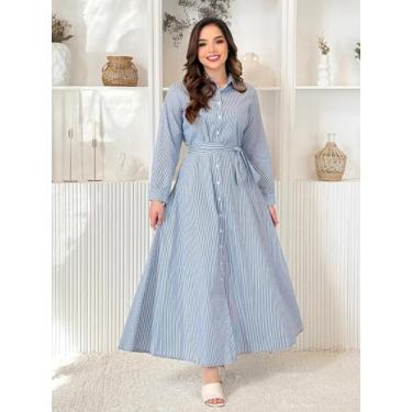 Imagem de Vestido Longo Listrado Soltinho Manga Longa Inverno de Festa Elegante 