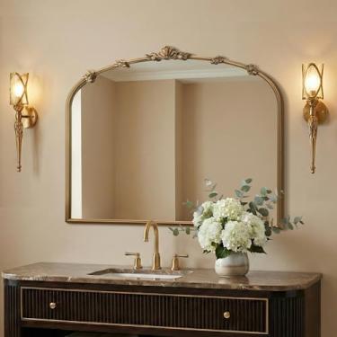 Imagem de Besdomus Espelho dourado vintage grande: espelho arqueado ornamentado tradicional de 91,4 cm x 73,7 cm - espelhos antigos barrocos franceses para parede/cornija/quarto/entrada/banheiro/corredor