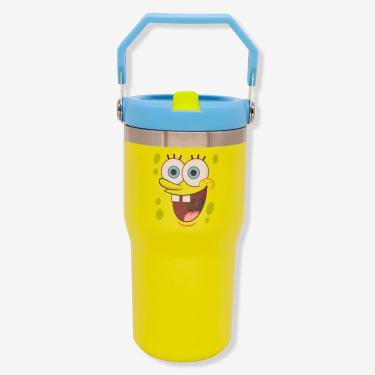Imagem de Copo Tumbler Hanger para Bebida em Aço Inoxidável com Parede Dupla Canudo e Alça Amarelo Bob Esponja