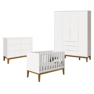 Imagem de Berço Americano New Classic Com Cômoda Classic E Guarda Roupa Classic Elfe Branco Acetinado Com Pés Madeira - Reller