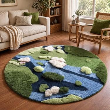 Imagem de YIHOUSE Tapete redondo de musgo de 0,9 m, 3D, fofo, verde, para quarto, lavável à máqui...