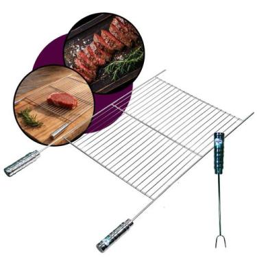 Imagem de Grelha Inox Plana 50x50cm Churrasco Peixe Parrilla Grill Costela Carne