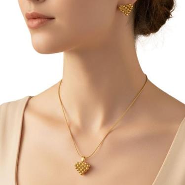 Imagem de Conjunto Feminino Dourado Colar e Brincos Coração Luxo - anjo da mamãe