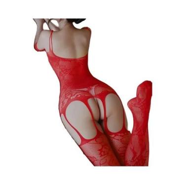 Imagem de Body De Rede Vermelho Com Mangas Longas E Costas Abertas Para Mulheres