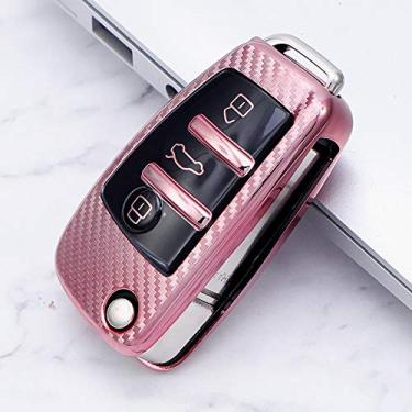 Imagem de YJADHU Macio TPU fibra de carbono remoto masculino feminino porta-chaves porta-chaves tampa do porta-chaves do carro, adequado para Audi A1 A3 A4 A5 Q7 A6 C5 C6, rosa