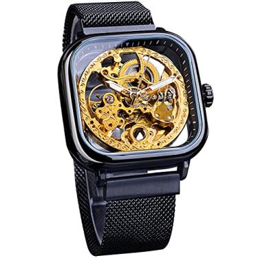 Imagem de Relógio de pulso mecânico automático Forsining Transparente Fashion Preto dourado para homens Esqueleto de trabalho aberto Royal Flower Entalhe