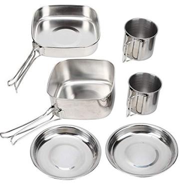 Imagem de Tbest 6 peças/conjunto de utensílios de cozinha de aço inoxidável para câmera ao ar livre conjunto de utensílios de cozinha família equipamento de cozinha portátil frigideira copos panela utensílios de mesa para piquenique câmera mochila (prata)