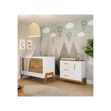 Imagem de Berço 5X1 E Cômoda Retro Moveis Peroba Guti Mdf Branco Amêndoa