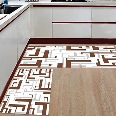 Imagem de Tapete de corredor de cozinha, padrão geométrico de meados do século marrom cinza branco antiderrapante tapete tapetes de porta tapete para lavanderia cabeceira banheiro quarto conjunto de 2