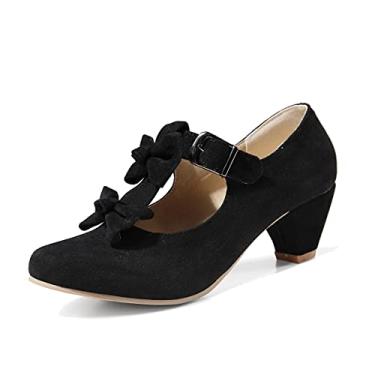 Imagem de GATUXUS Sapato feminino Mary Jane laço salto grosso médio sapato de salto alto doce Lolita, Preto, 6.5