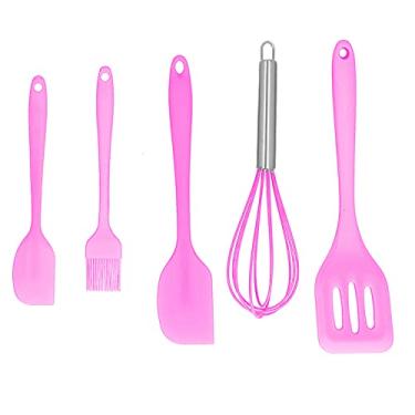 Imagem de Espátula vazada, materiais de grau alimentício, batedor de ovos, alta elasticidade para utensílios de cozinha de silicone para colheres de pá de cozinha para ferramentas de assar DIY (conjunto de 5 peças rosa)