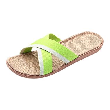 Imagem de Sandálias femininas de tecido de linho com canudo inferior chinelos para mulheres homens verão casa praia sapatos de chão (verde, 6)
