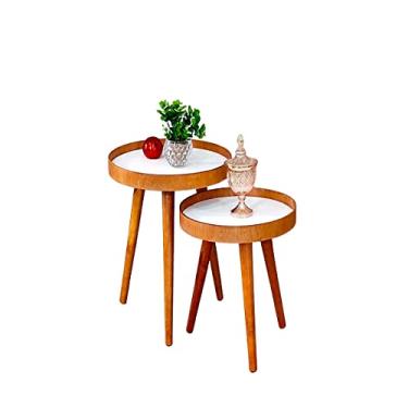 Imagem de Jogo Mesa Apoio Lateral Canto Sofá Sala Estar Casa Redonda Ambiente Pequena Cor:Tampos Brancos Pés Madeirado