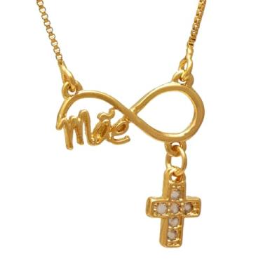 Imagem de Colar de Filhos Escrito Mãe com Cruz e Infinito Vazado Folheado em Ouro 18K SoftJoias