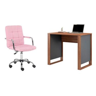 Imagem de Conjunto de Mesa Morada Amendola e Grafito com Cadeira de Escritório Secretária Giratória Fitz Rosa