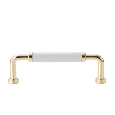 Imagem de Puxadores de couro feitos à mão, estilo nórdico, liga de zinco, maçaneta para porta, gaveta, armário, guarda-roupa, hardware de móveis, branco dourado 96mm