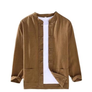 Imagem de Camisa masculina de manga comprida de algodão e linho com gola alta para outono e inverno, Cor Caramelo, P