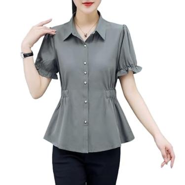 Imagem de TEMKIN Camisa de verão manga curta fina cor sólida mãe cintura justa camisa chiffon, Estilo 1, XXG