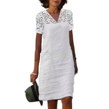 Imagem de Vestidos femininos 2024 renda patchwork decote em V sólido algodão linho vestido casual, Branco, XXG
