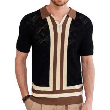 Imagem de GRACE KARIN Camisas polo masculinas de malha de manga curta vintage listradas para golfe masculinas, Preto, P