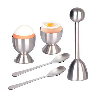 Imagem de Xicennego Conjunto de 5 topos de biscoito de ovo – Inclui 2 copos de ovo, 2 colheres e 1 cortador – Abridor de ovos fácil de aço inoxidável