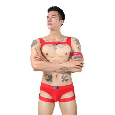 Imagem de Evankin Tanga masculina sexy, conjunto de alças, regatas e alças no peito, conjunto de calcinhas justas, Vermelho, G