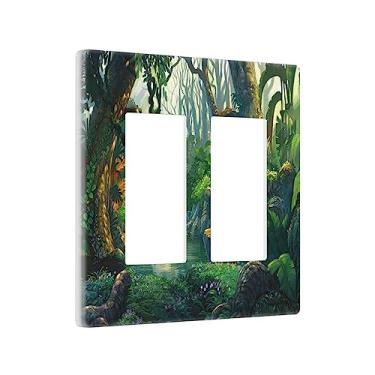 Imagem de Placa de interruptor de luz dupla floresta fantasia verde selva lago rio decorativo 2 gangues Rocker placa de parede placa de parede placa elétrica folhas exuberantes planta mágica conto de fadas