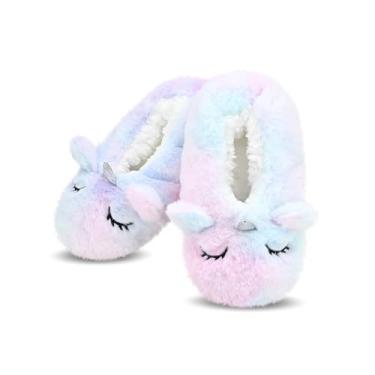 Imagem de DICUIRD Pantufa infantil com estampa de animais, de lã, aconchegante, para uso interno, para quarto, Unicórnio, 29.5-31