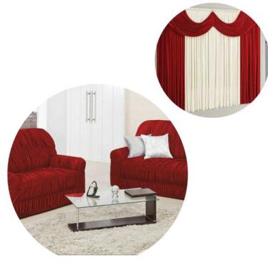 Imagem de Kit Capa De Sofá 2 E 3 Lugares + Cortina Paris 2,00m x 1,70m Vermelho 