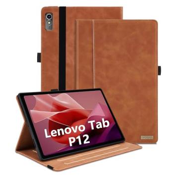 Imagem de TIPOYOROOS Capa para Lenovo Tab P12 12,7 polegadas lançado em 2023, capa inteligente de visualização multiângulo com bolso de couro PU empresarial com slot para cartão para SM-TB370FU/TB371FC, marrom