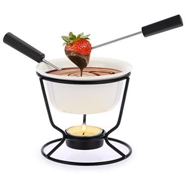 Imagem de BSTKEY Conjunto de aquecedor de manteiga de cerâmica, conjunto de panela de derretimento de fondue, conjunto de tigela redonda para queijo, chocolate, manteiga, caramelo, com 2 garfos de imersão