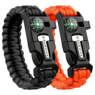 Imagem de SURVIVE Pulseira Paracord, pacote com 2, kit de sobrevivência de emergência, apito de bússola para iniciante, 3 metros, raspador de aço de pederneira contínua 5 em 1