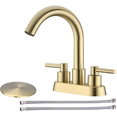 Imagem de Torneira de banheiro de ouro escovado com dreno de pop-up para drenagem, torneira para pia de lavatório com 2 alças com bico giratório de 360 graus, centro de 10 cm, montada na plataforma