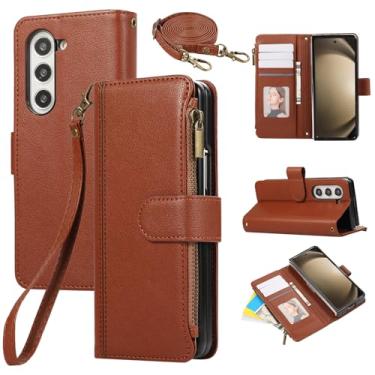 Imagem de Asuwish Capa de celular para Samsung Galaxy Z Fold 6 5G 2024 com zíper carteira celular com alça transversal suporte para cartão de couro ZFold6 Z6 G Fold6 6Z mulheres homens marrom