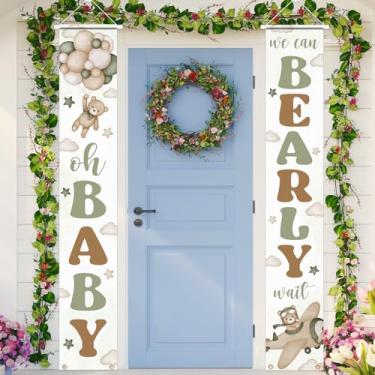 Imagem de Decoração de festa de chá de bebê urso verde We Can Bearly Wait Letreiro de varanda banner revelador de gênero sinal de varanda para festa de bebê de boas-vindas gênero neutro urso foto adereços