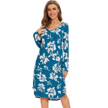 Imagem de WiWi Camisolas de bambu femininas macias de manga comprida para dormir, roupa de dormir, confortável, roupa de dormir, plus size, P-4GG, A-azul-petróleo floral, 4X