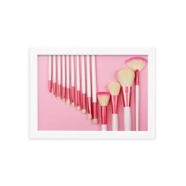 Imagem de Quadro Pincéis Maquiagem Fundo Rosa Moldura Branca 22x32cm - Quartinho
